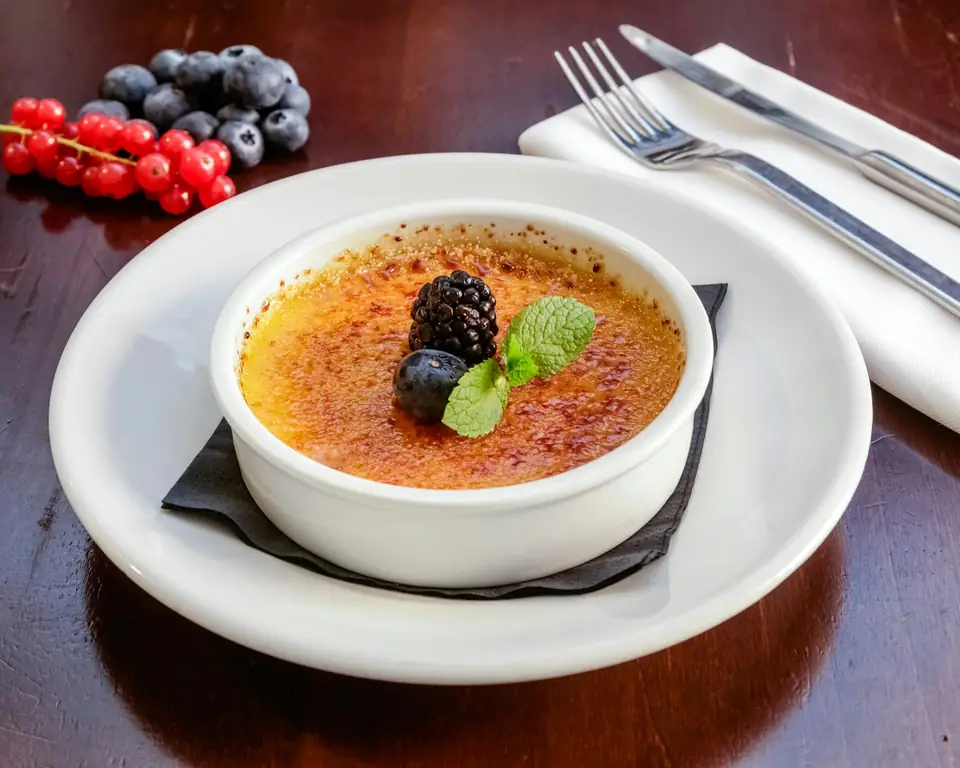 Crème brûlée caramélisée garnie d’une mûre, de myrtilles et d’une feuille de menthe