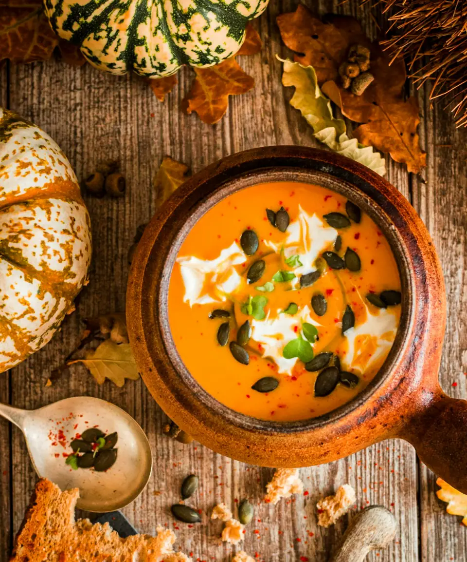 Velouté orange de potimarron dans un bol en terre cuite, entouré de courges et de feuilles d’automne